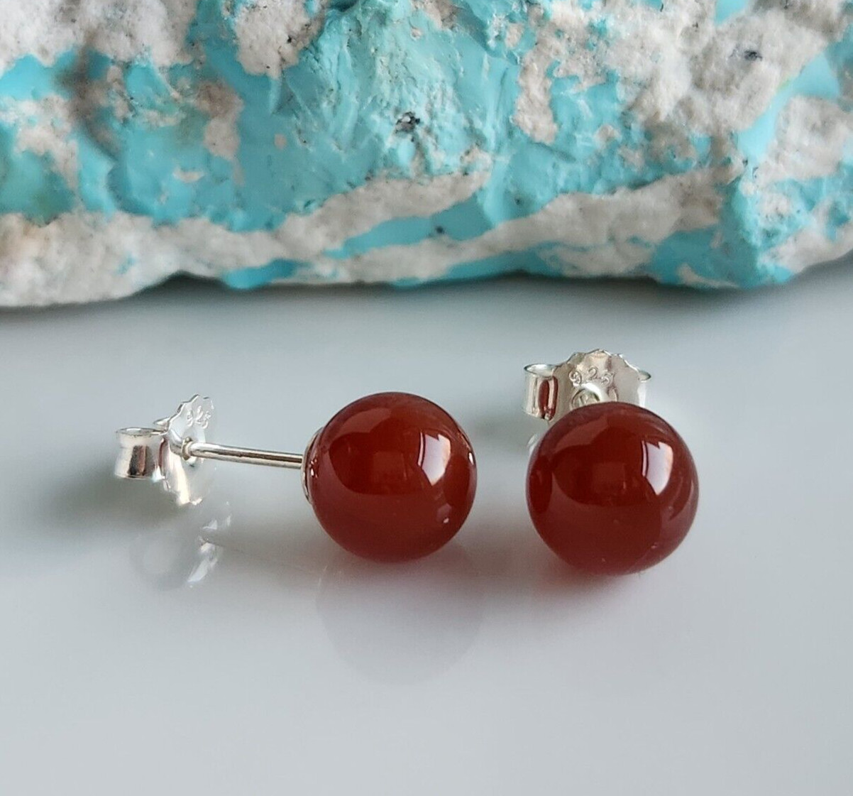 Natural Red Carnelian 8mm Ball Stud Earrings Solid 925 Sterling Sliver