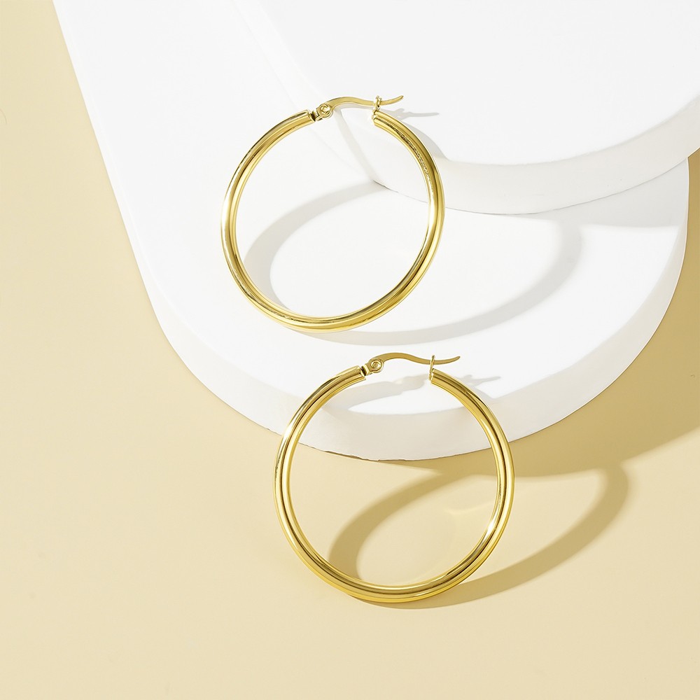 14K Real Solid Yellow Gold Shiny Polished Round Creole Hoop Earrings All Sizes