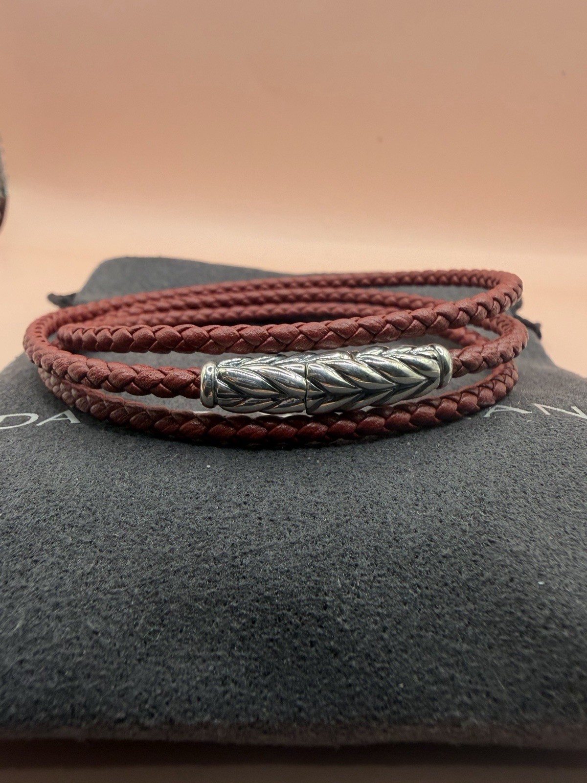 David Yurman Sterling Silver Leather Chevron Triple Red Wrap Bracelet Medium