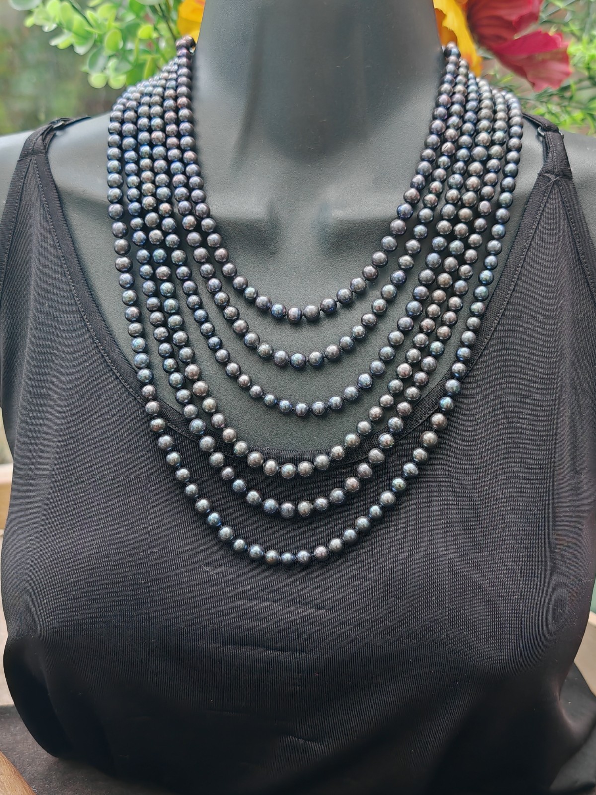 5 strand purple black peacock Tahitian style cultured pearl 925 necklace silk ba