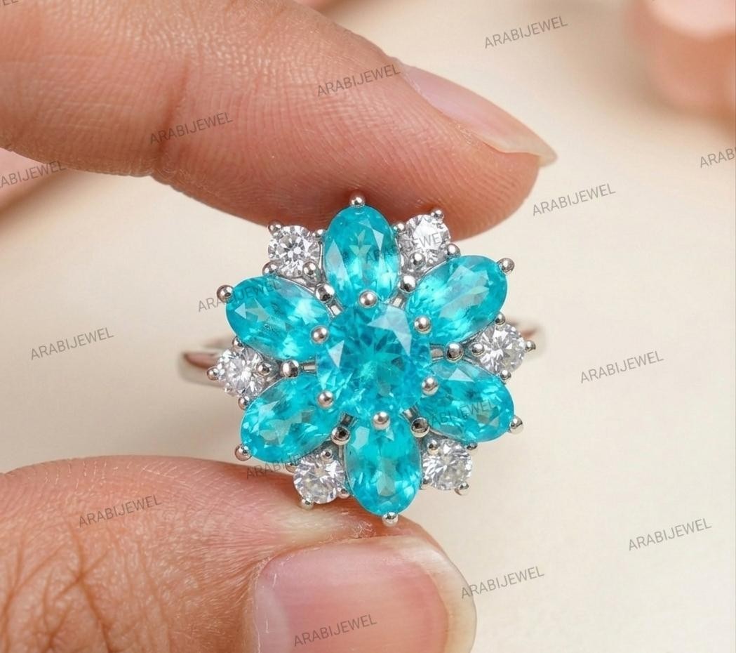 Flower Design Paraiba Tourmaline Ring 925 Sterling Silver Gift For Her Ring.