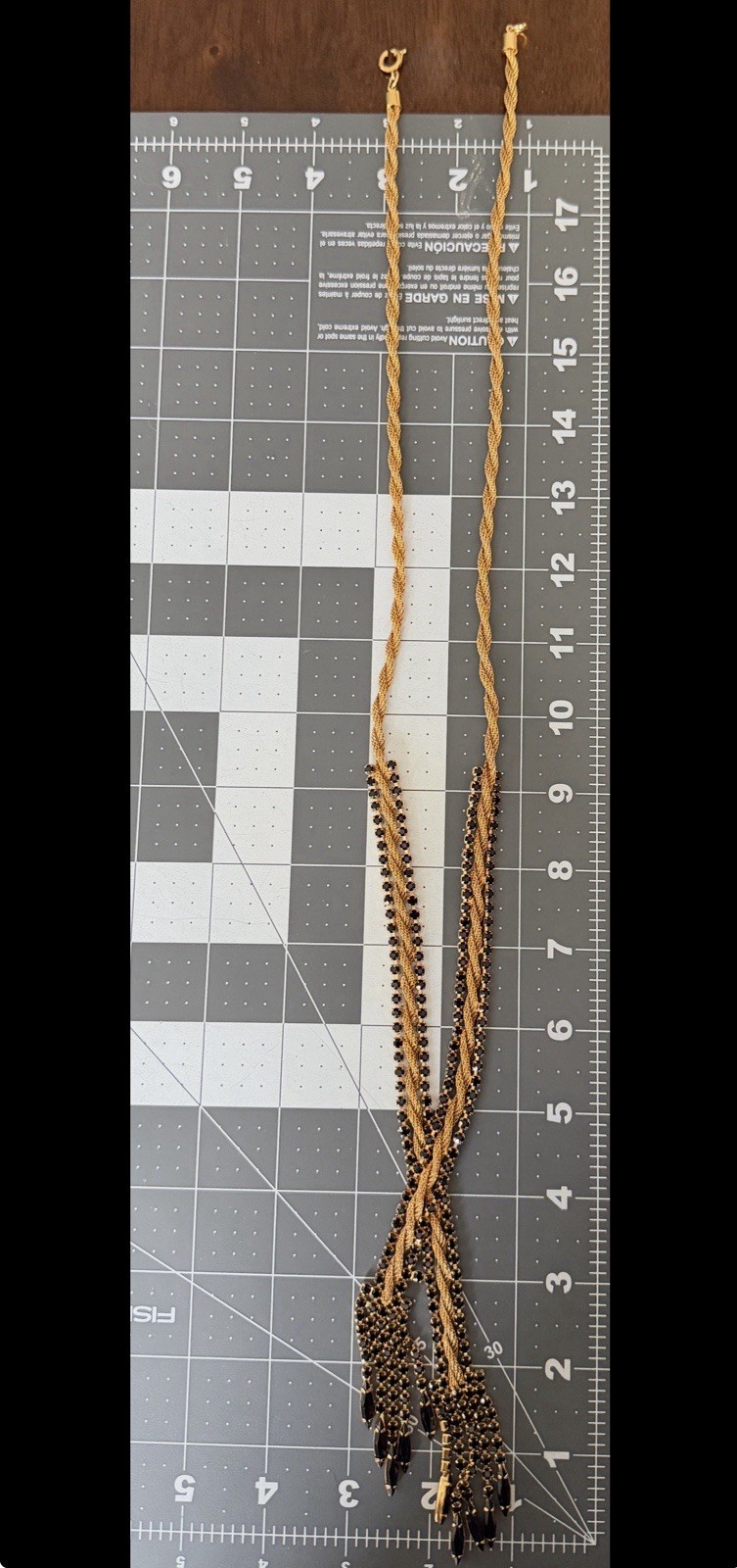 Vtg 50’s 60’s Fixed Lariat Waterfall Necklace Gold Mesh Black Rhinestone Tassel!