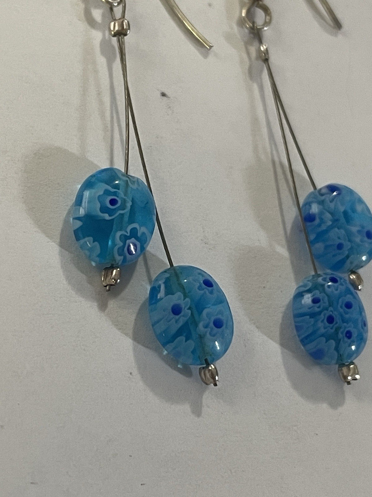 925 Sterling Silver Blue Flower Glass Earrings Dangle 2 inches, 2.79 grams