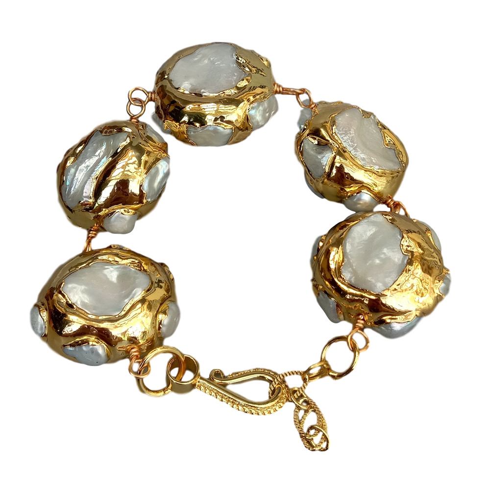 8.5″ Freshwater Cultured White Keshi Pearl Electroplated 24k Gold Bracelet