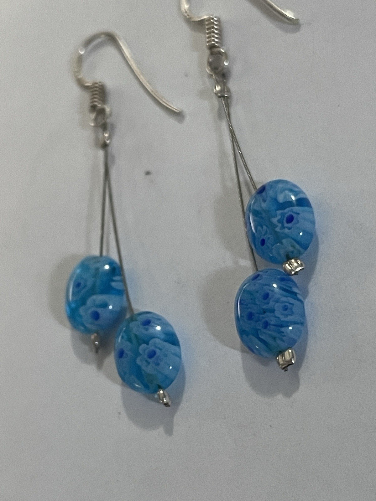 925 Sterling Silver Blue Flower Glass Earrings Dangle 2 inches, 2.79 grams