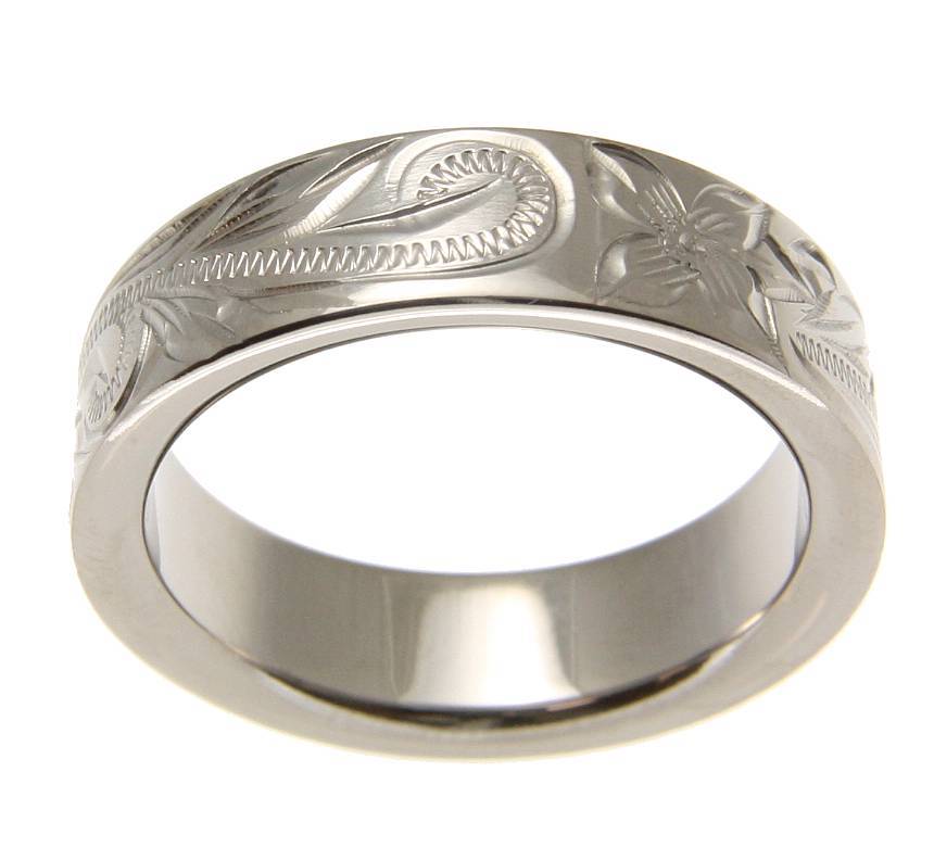TITANIUM HAND ENGRAVED HAWAIIAN PLUMERIA SCROLL BAND RING 6MM