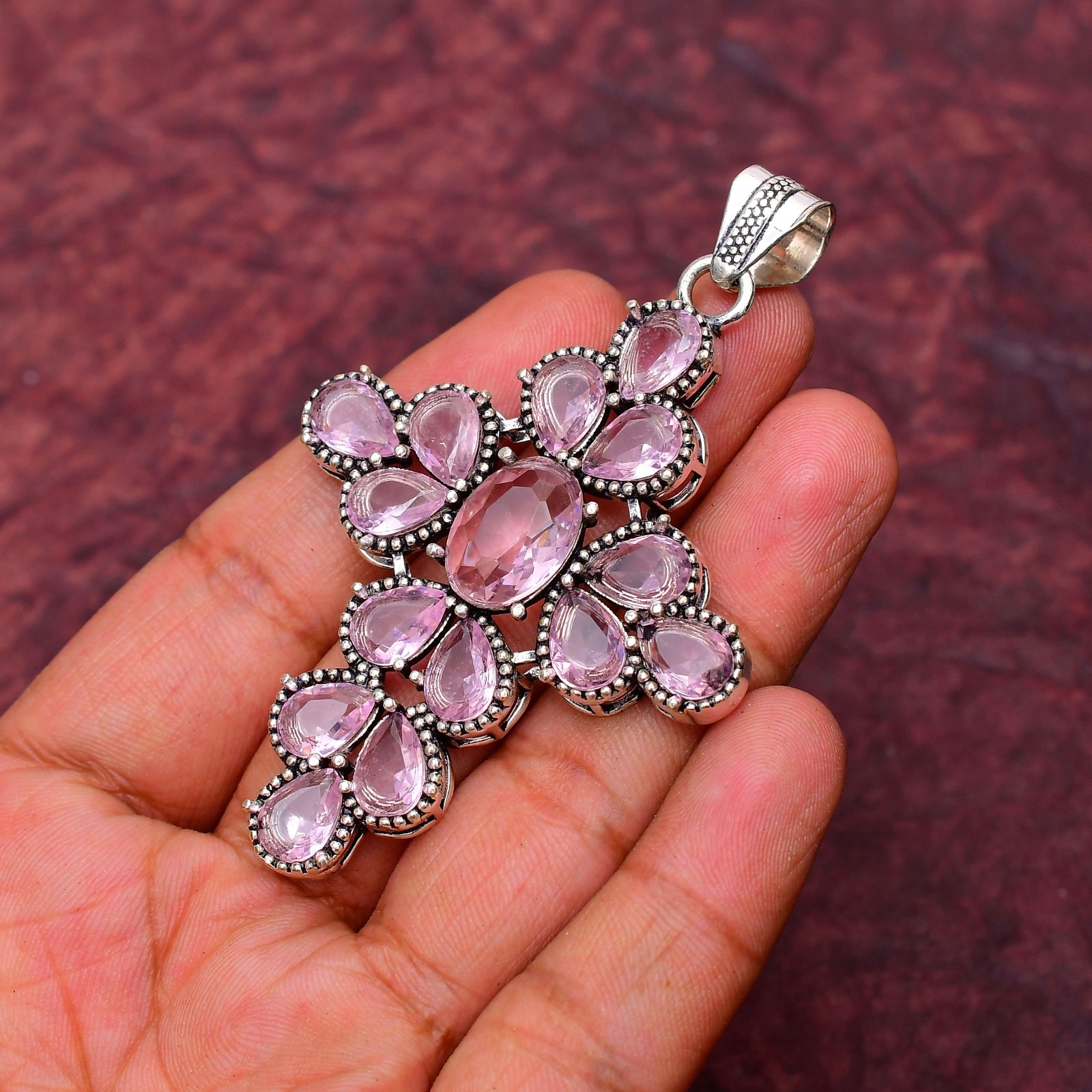 Pink Kunzite Gemstone 925 sterling silver Handmade Cross Pendant jewelry 2.75″