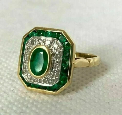 3.00 Ct Oval Cut Natural Emerald & Diamond Wedding Ring 14K Yellow Gold