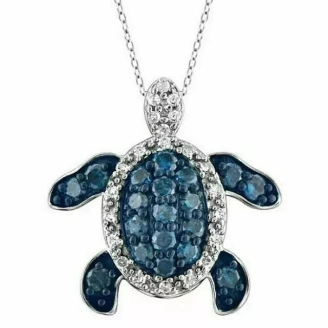 14K White Gold Plated 1.50Ct Round Cut Simulated Blue Topaz Turtle Pendant
