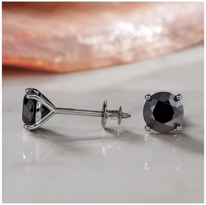 Natural Black Diamond Stud Earrings Martini Setting 14K Gold ScrewBack Men Women