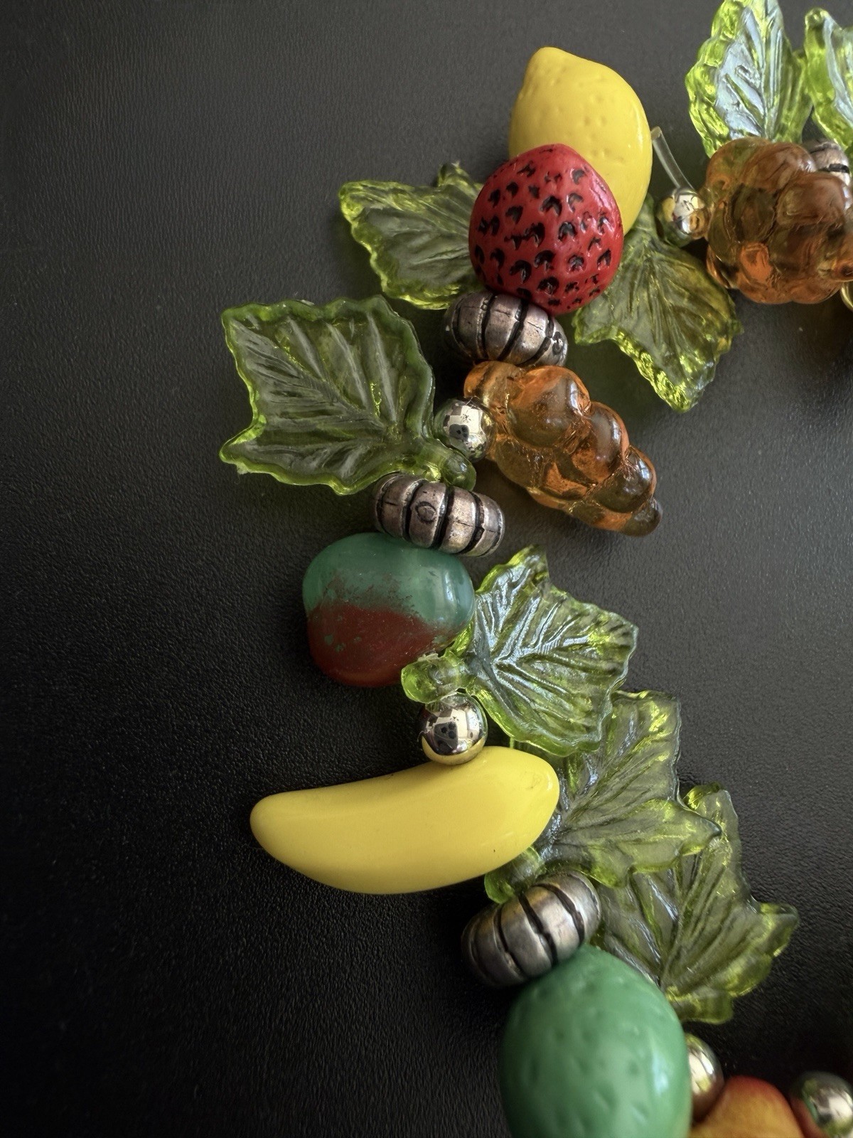 Vintage Plastic Acrylic Resin Fruit Salad Charm Bracelet Colorful Beads Silver