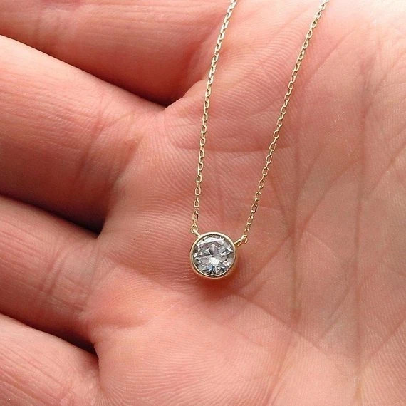 6.5mm Round Bezel Set Real Moissanite Solitaire Necklace 18K Yellow Gold Plated
