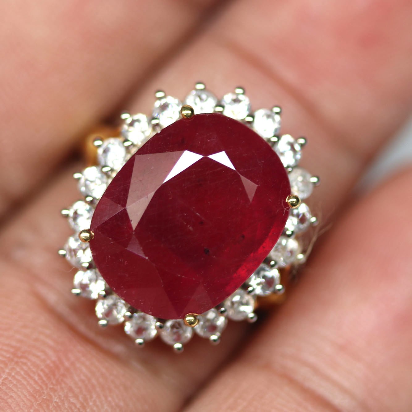 Handmade 925 Sterling Silver 12 x 15 mm. Red Ruby White Zircon Ring Size 6.75