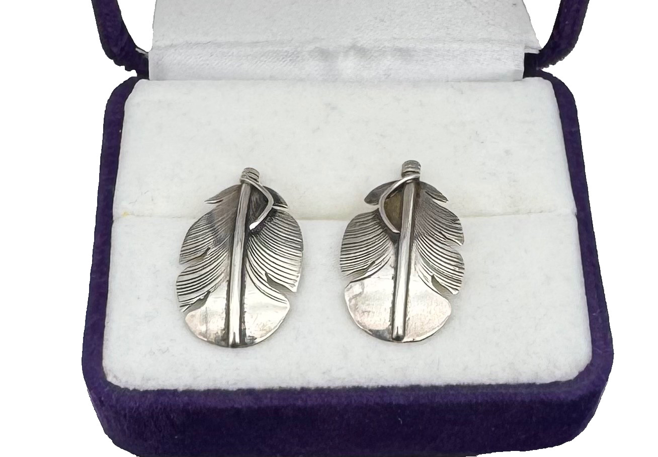 Vintage Lena Platero Navajo Signed Sterling Silver Feather Earrings