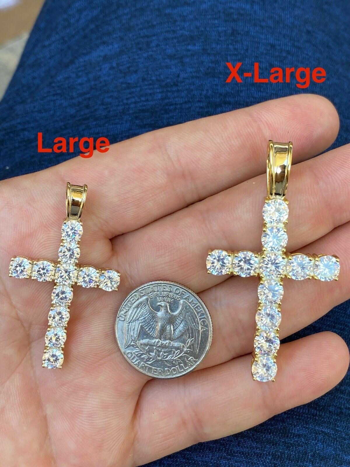 Tennis Cross Pendant Simulated Diamond Iced Necklace 14k Gold Plated 925 Silver