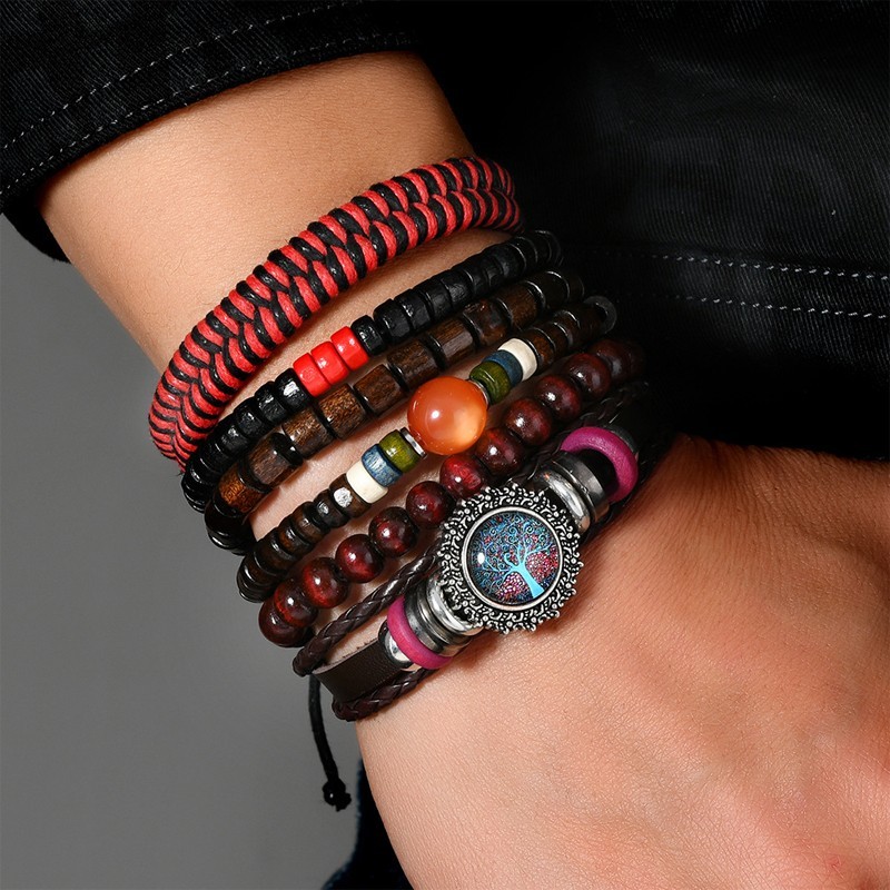 Bohemian style multi-layered leather bracelet with stacked, multi-colored beads.