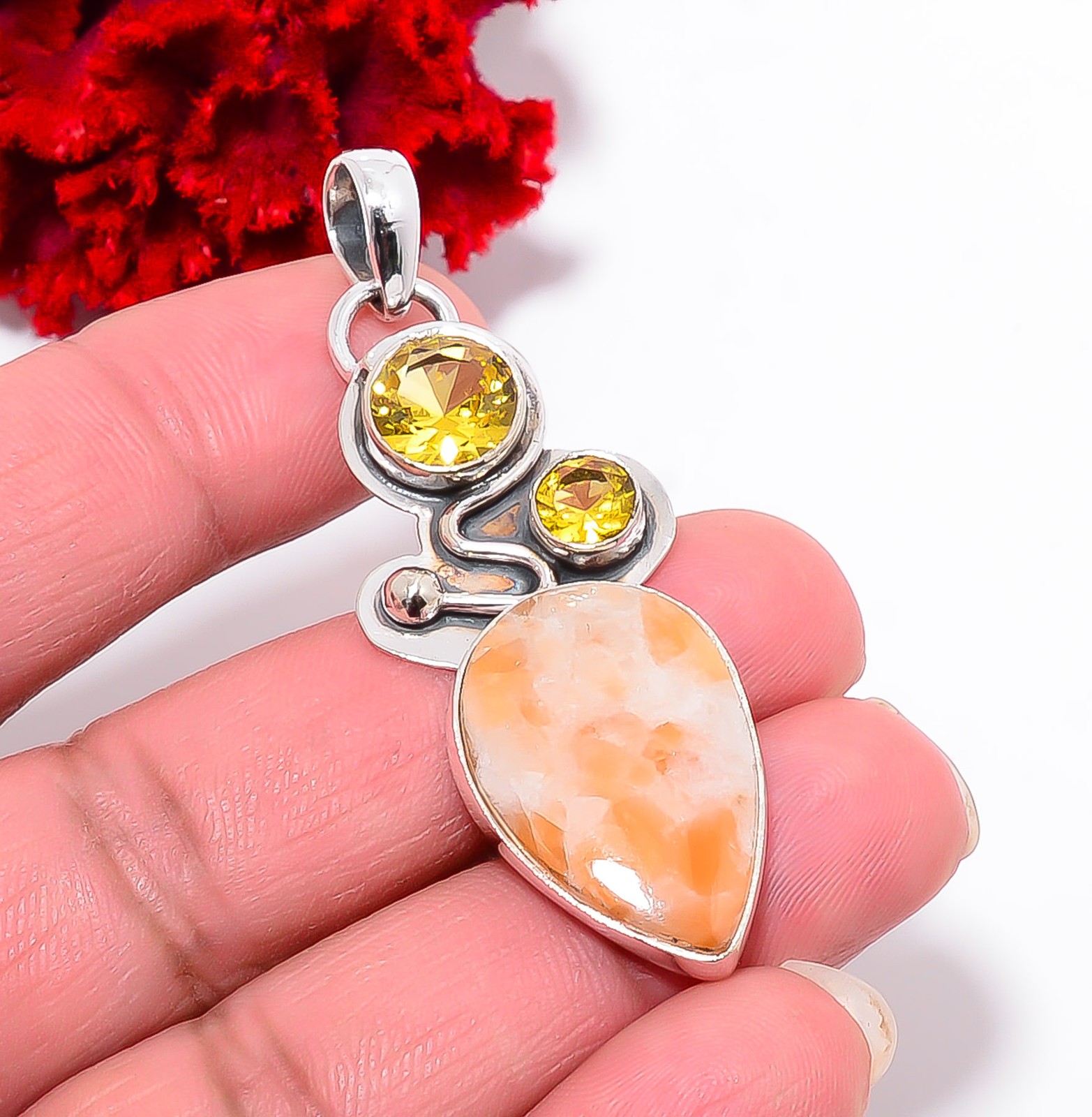 Orange Calcite- Peru & Citrine Handmade 925 Sterling Silver Pendant 2.03″ P94330