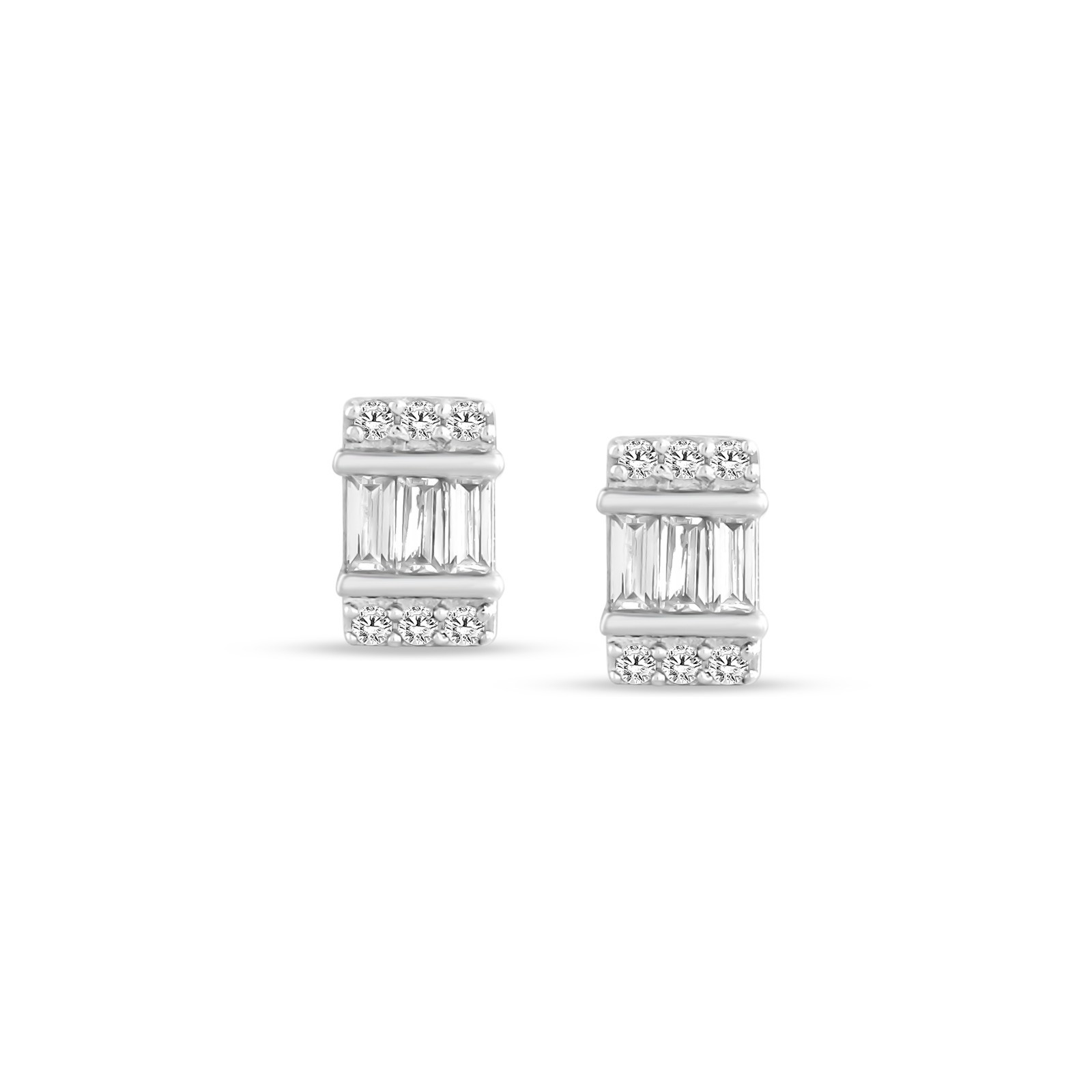 0.12 Ct Natural Round & Baguette Stud Earrings 10K White Gold for Womens