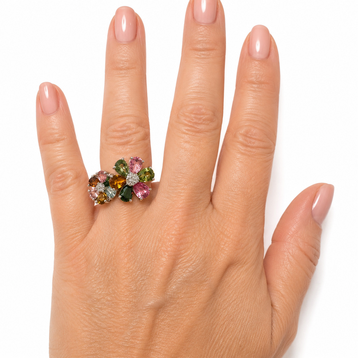 Multi Gemstone Tourmaline 2 Flowers (5) Sterling 925 Bypass Ring Pink Green NEW
