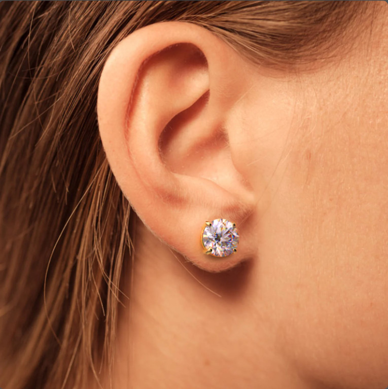 Moissanite Screw Back 14k Gold Solitaire Stud Earrings GRA Certified D/VVS1