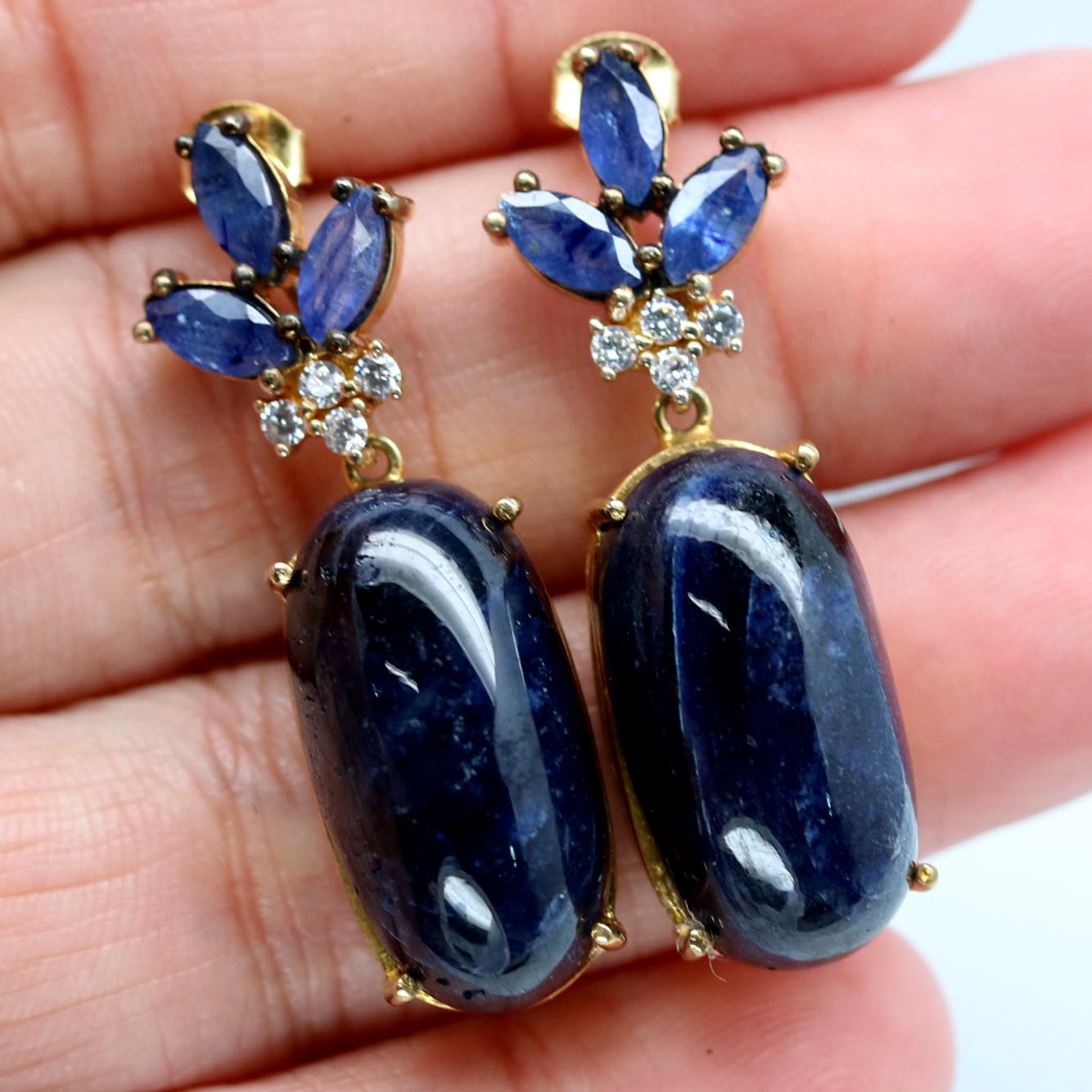 925 Sterling Silver 12 x 23 MM. Blue Sapphire Cubic Zirconia Earrings