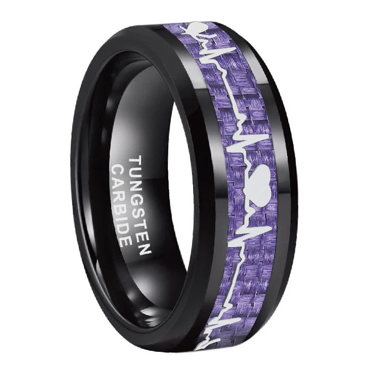 8mm Carbon Fiber Heart Inlay Tungsten Carbide Wedding Band Ring Men Jewelry