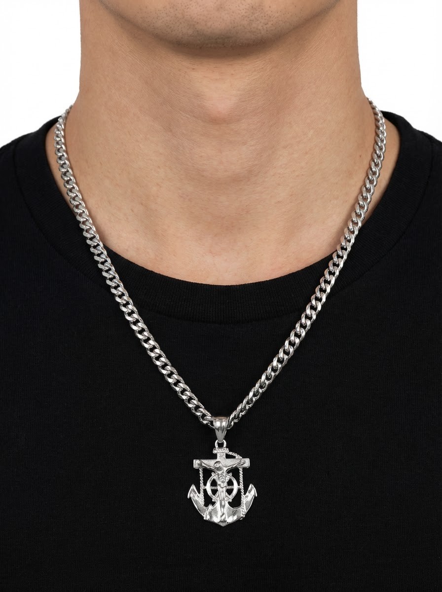 Silver Anchor Necklace 7mm Curb Chain Rhodium Plated For Men