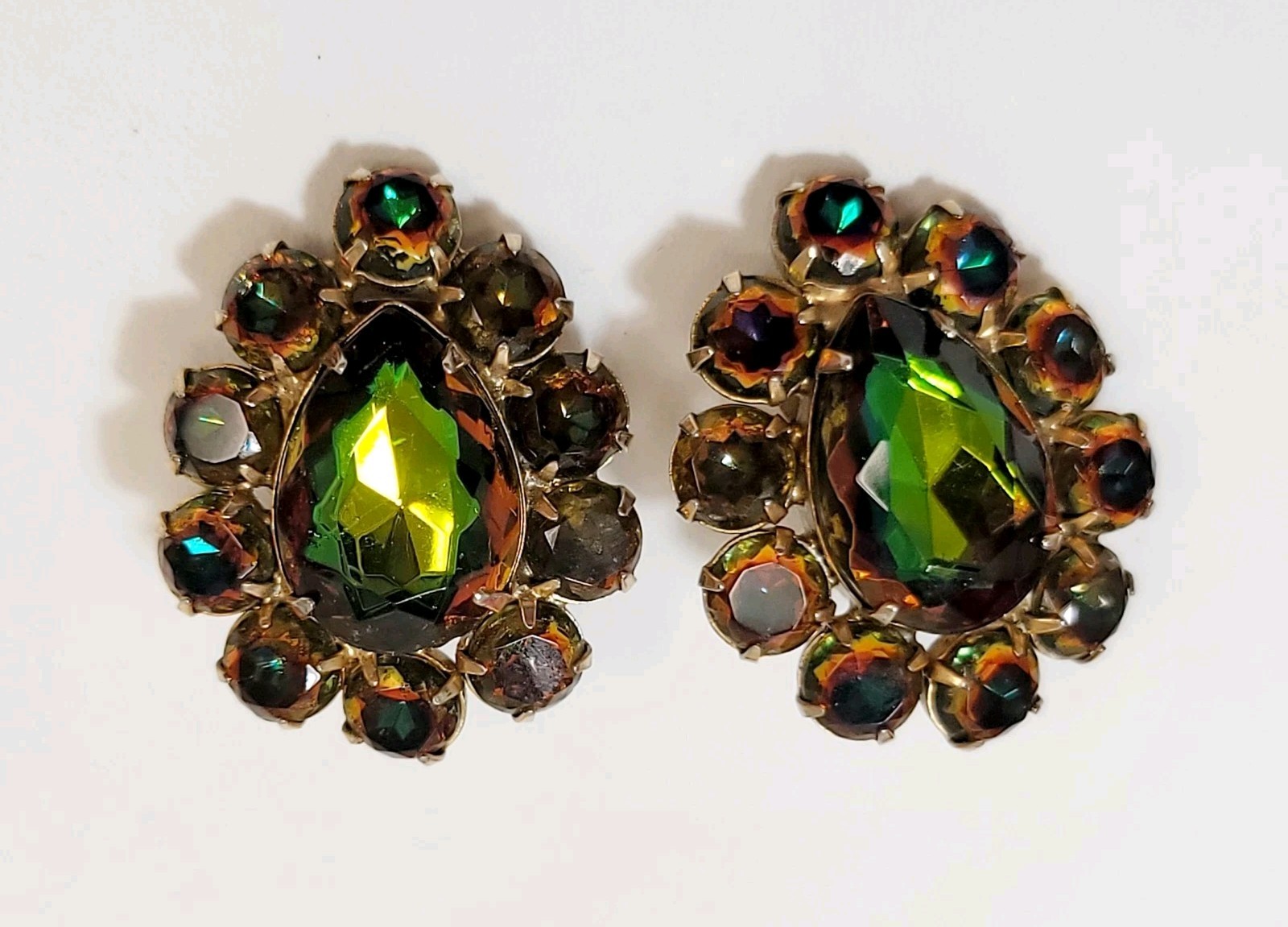 Vintage Juliana Heliotrope Watermelon Rhinestone Earrings Green Orange
