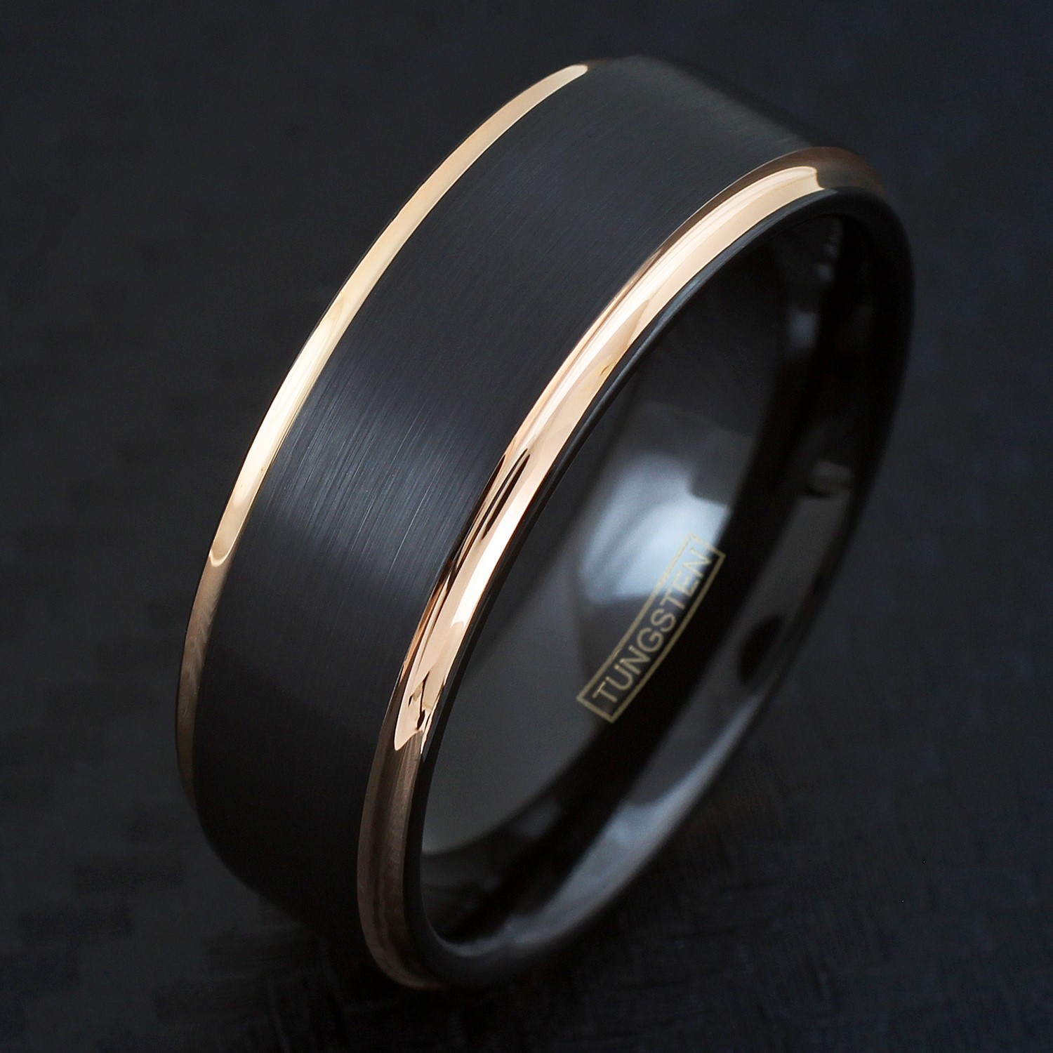 Tungsten Carbide Ring Rose Gold-Plated Black Brushed Wedding Band Men’s Jewelry