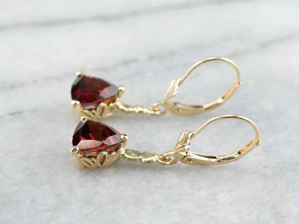 14K Yellow Gold Plated Drop Dangle Earring 2Ct Trillion Cut Simulated Red Garnet