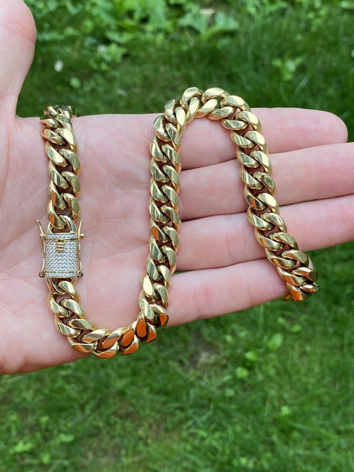 Mens Miami Cuban Chain 14k Gold Plated SS Choker Simulated Diamond Box Lock 18″