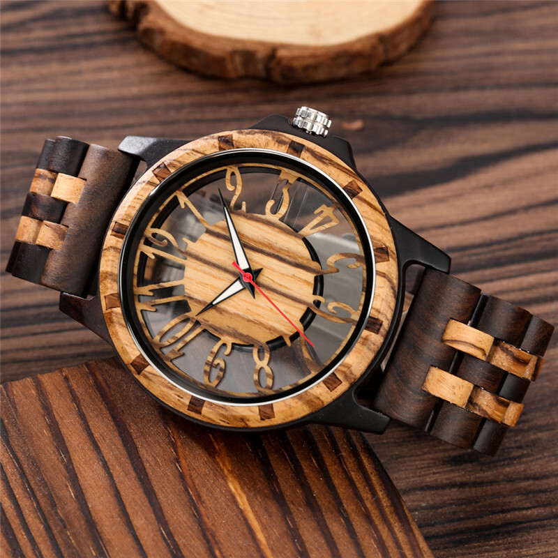Skeleton Number Dial Wooden Watch Lightweight Eco-Friendly Watches for Men Women
