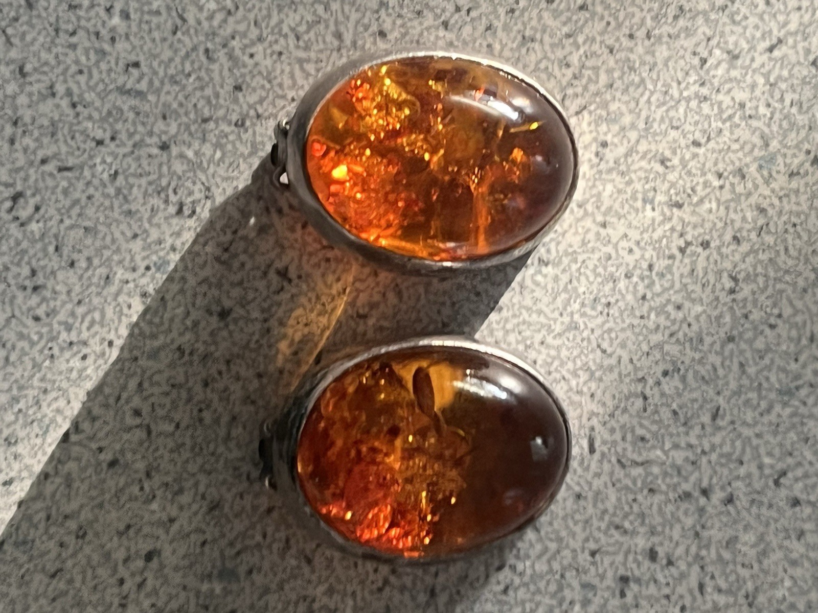 Oval Orange Amber Cabochon Bezel Clip-On Stud Earrings Silver Tone Metal