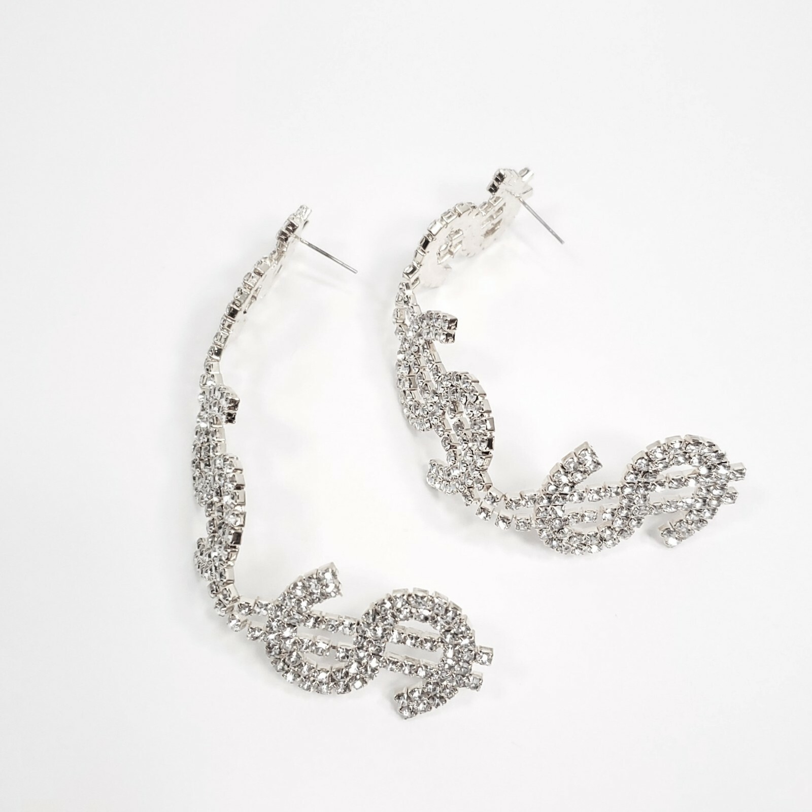 E0132 Bling Clear Silver Tone US Dollar Money $$$ Sign Long Drop Dangle Earrings