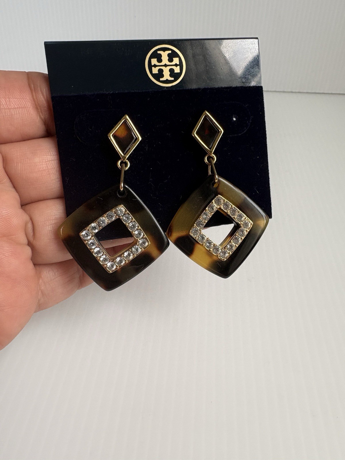 Tory Burch earrings In tortoiseshell square pendant With Crystal Halo NWT