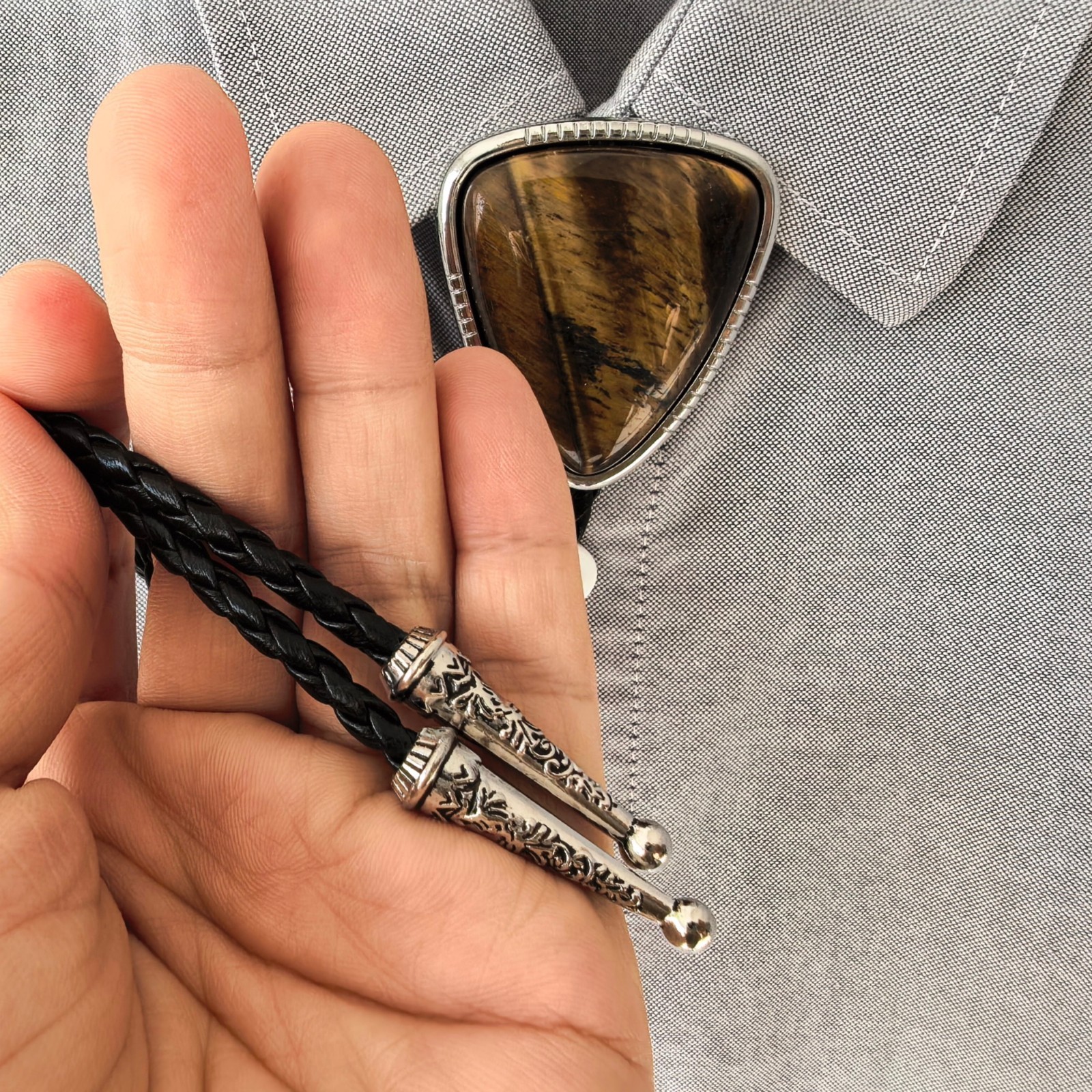 Triangle Tiger-eye Stone Western Cowboy Mens Bolo Tie PU Rope Wedding Necktie