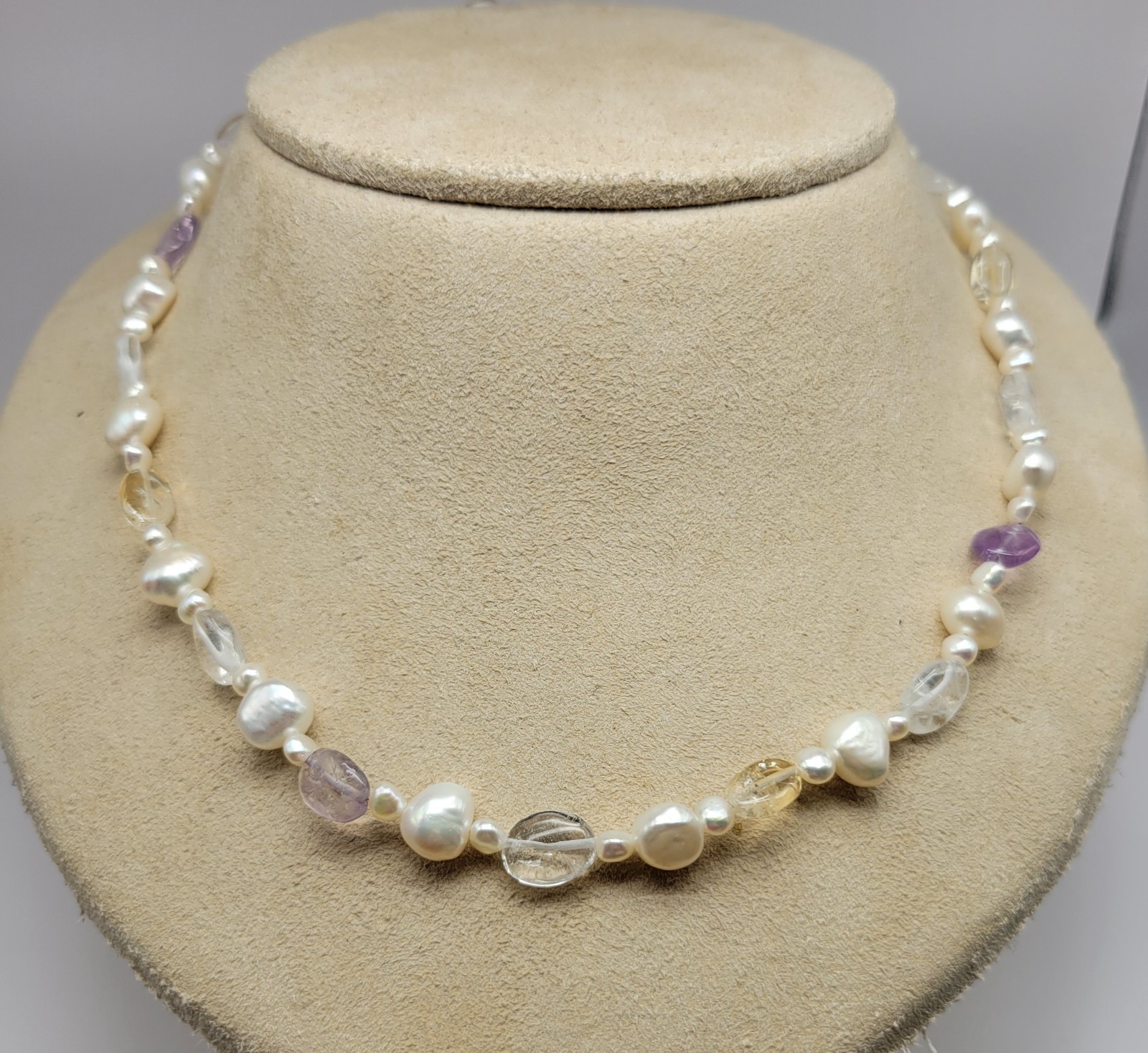 Sterling Silver Keshi Baroque Freshwater Pearl Amethyst Citrine Necklace ~ 16″