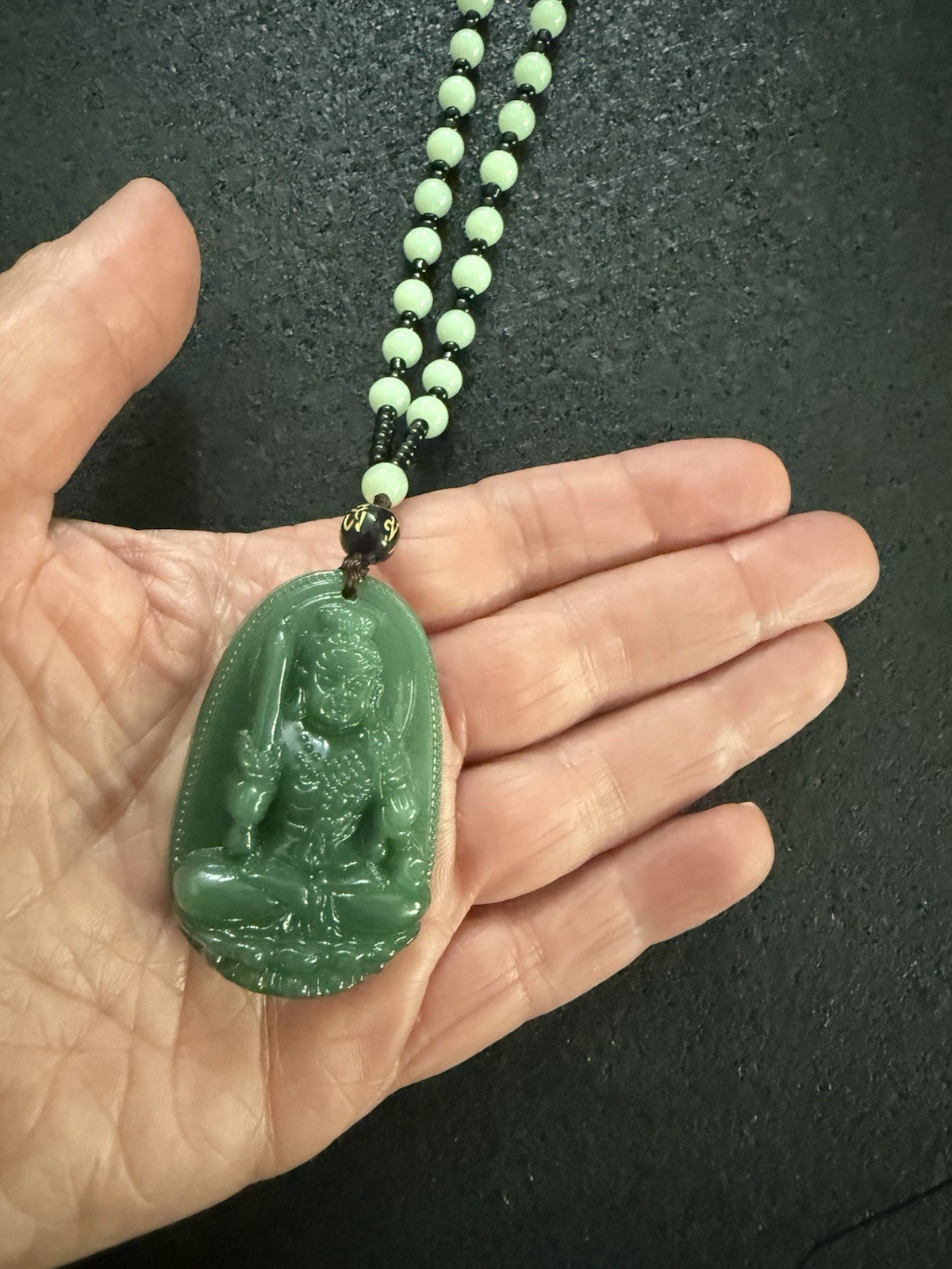 Vintage Asian jade green and black beaded necklace Asian figure 30″