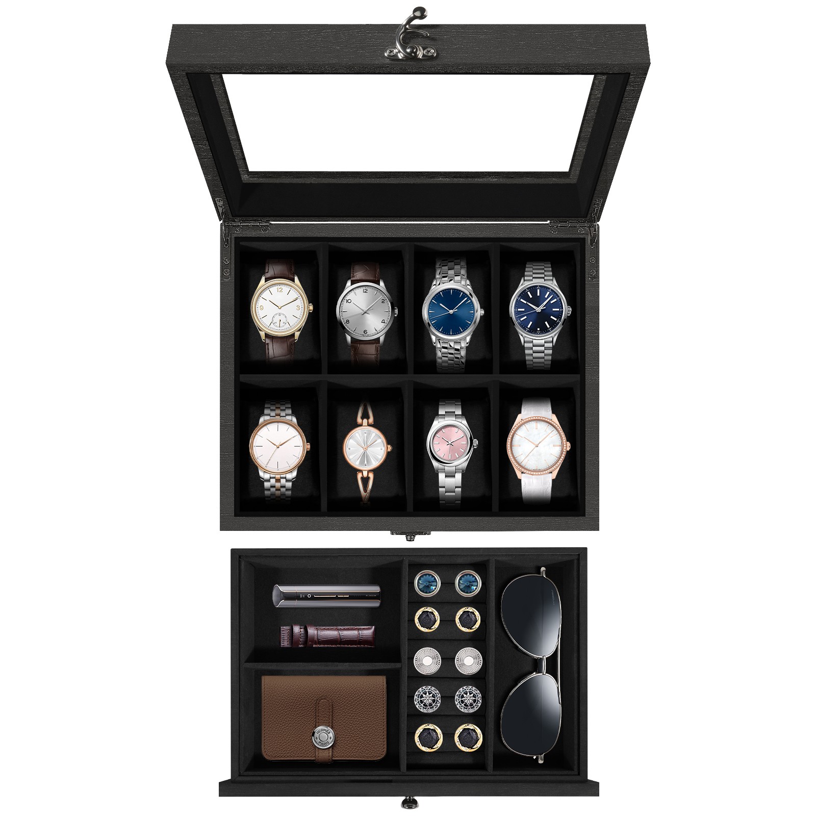 8 Slots Watch Box Solid Wood Watch Case Glass Lid Jewelry Storage Display Case