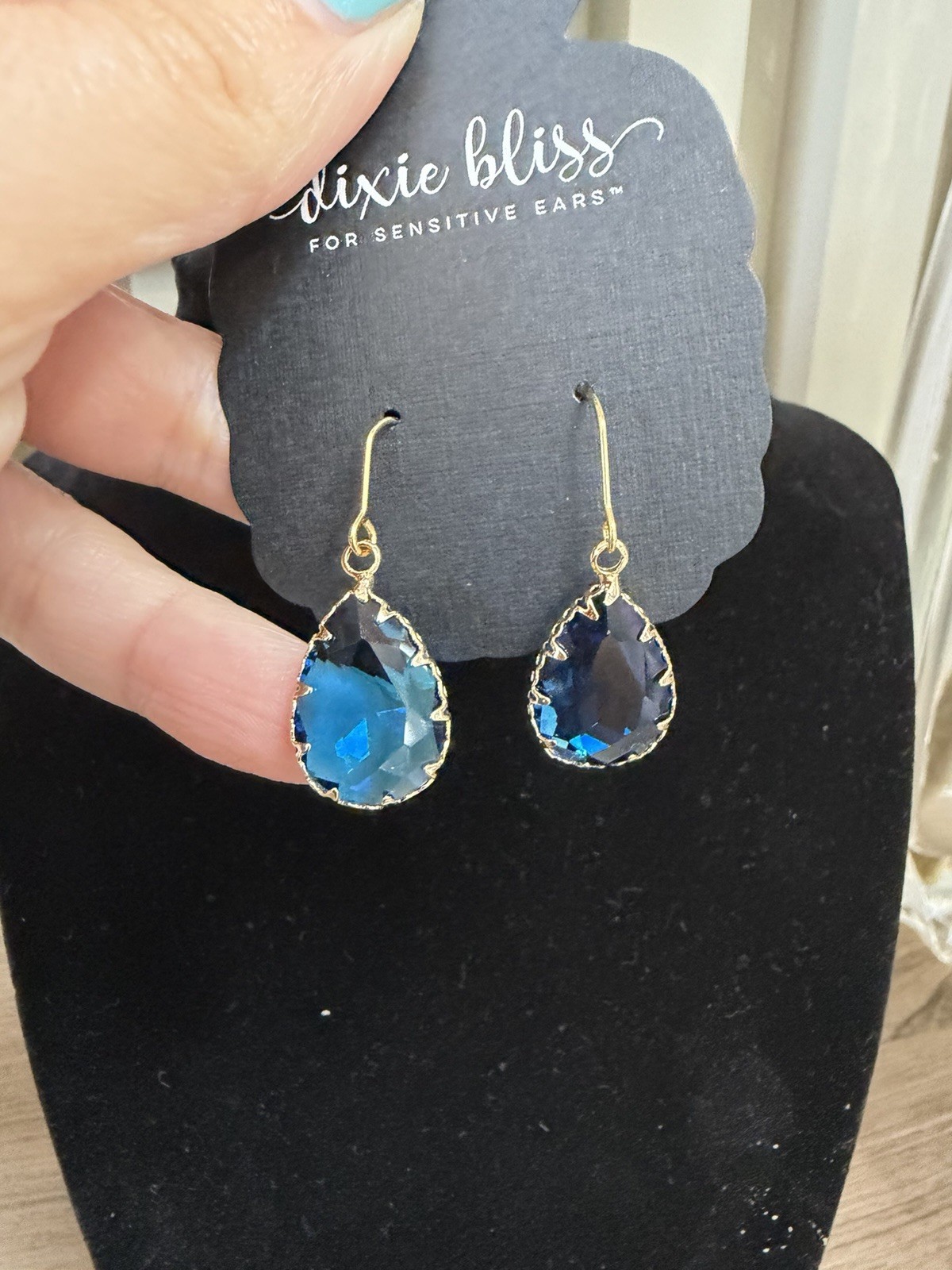 Dixie Bliss Gold Tone Blue Teardrop Crystal Dangle Hook Earrings