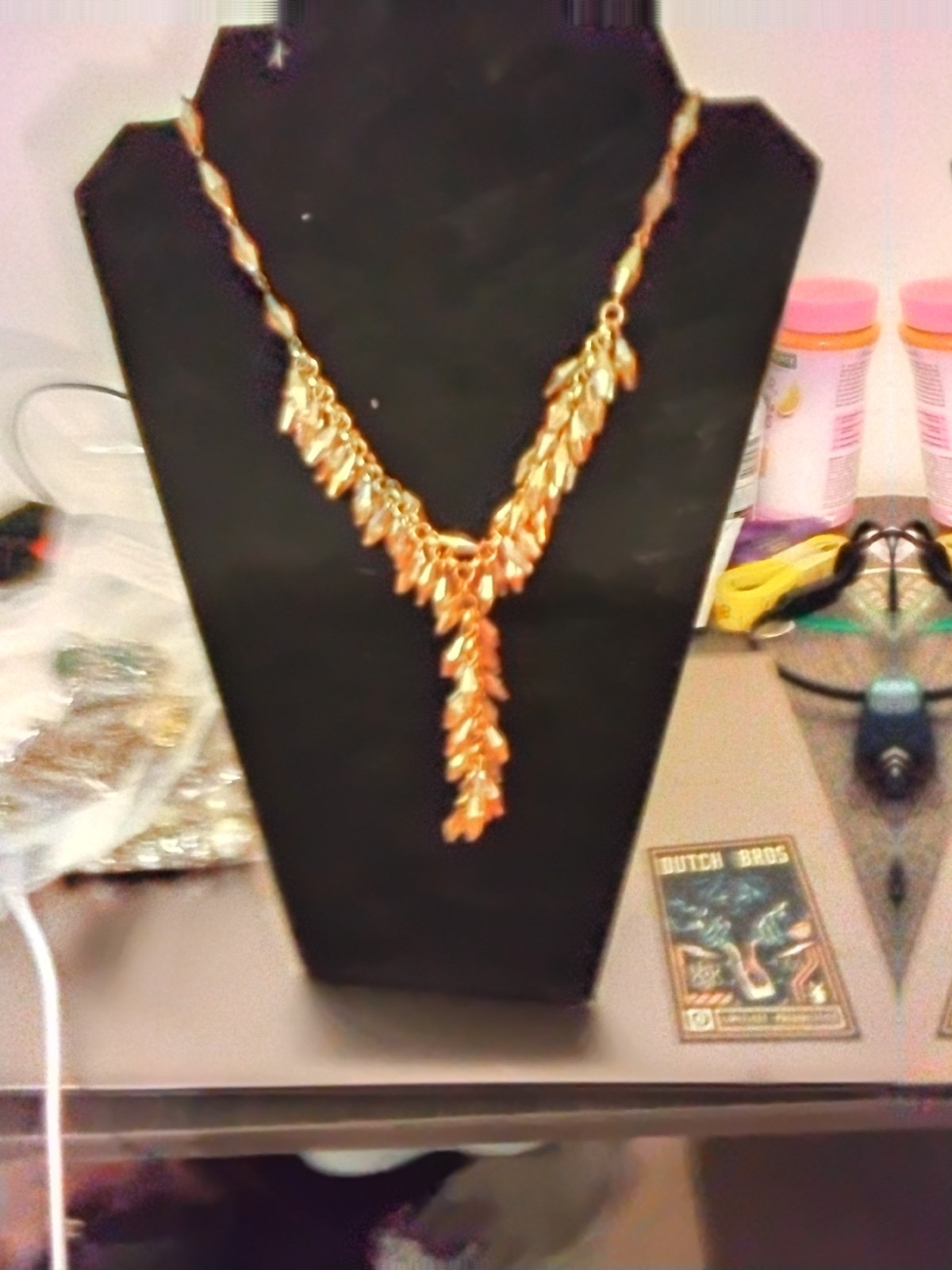 Gold Tone Chain Pendant Necklace – Asymmetrical Dangle Fringe, Metal, No Stone