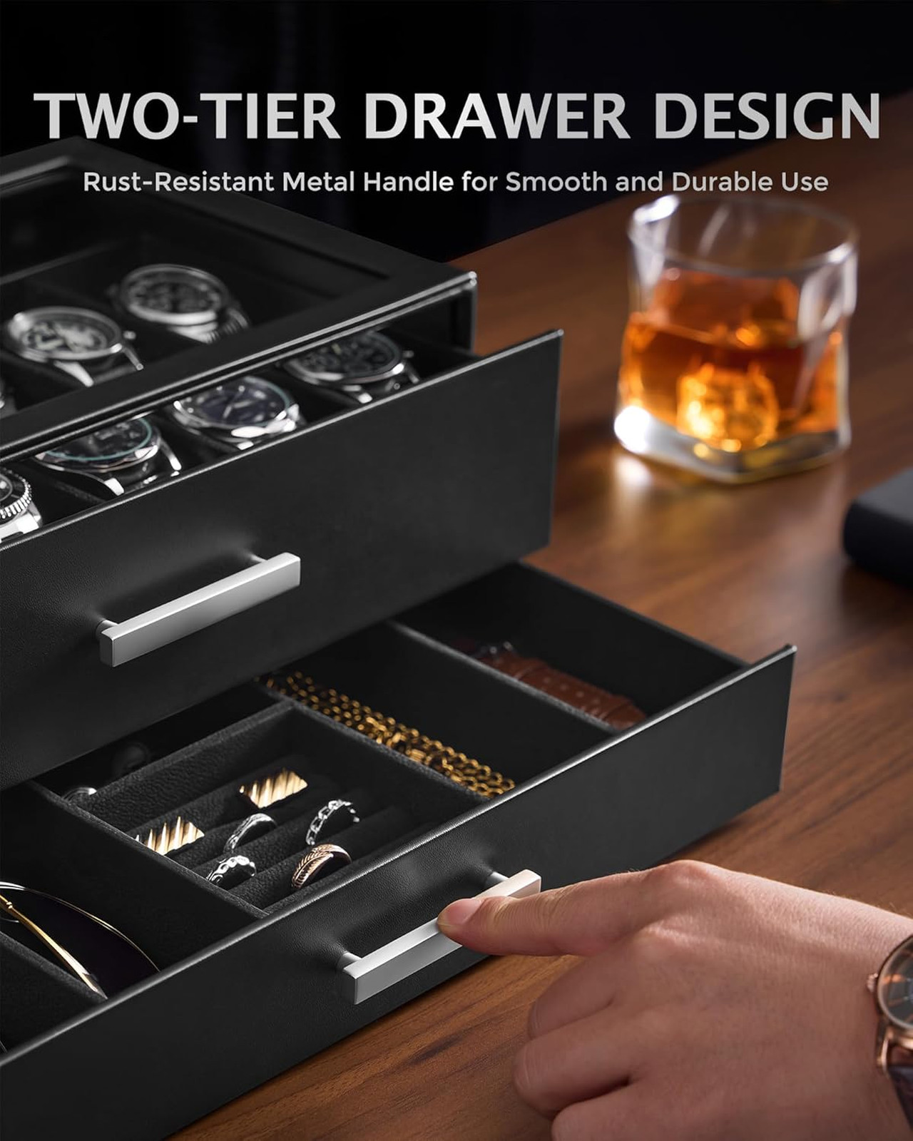 Watch Organizer Box with Pull-Out Drawers for Men Black Glass Top Jewelry