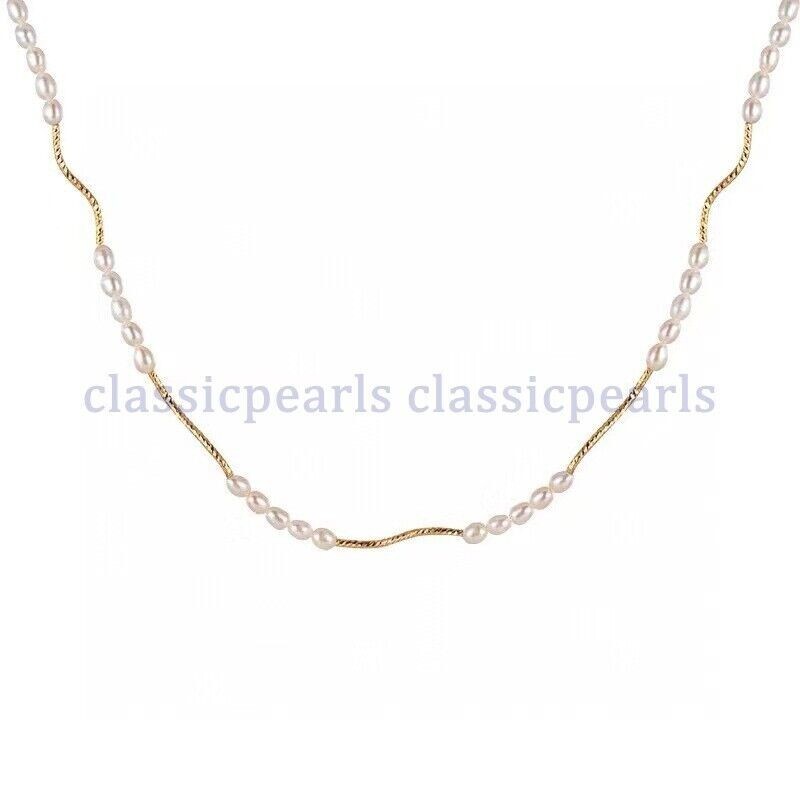 17in Beautiful Design Natural Mini AAA+ Akoya White Pearl Necklace 14k Gold P
