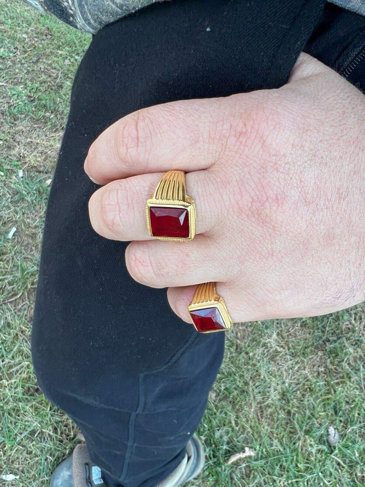 Mens Real 14k Gold Vermeil Over Solid 925 Silver Red Stone Ring Hip Hop Ice
