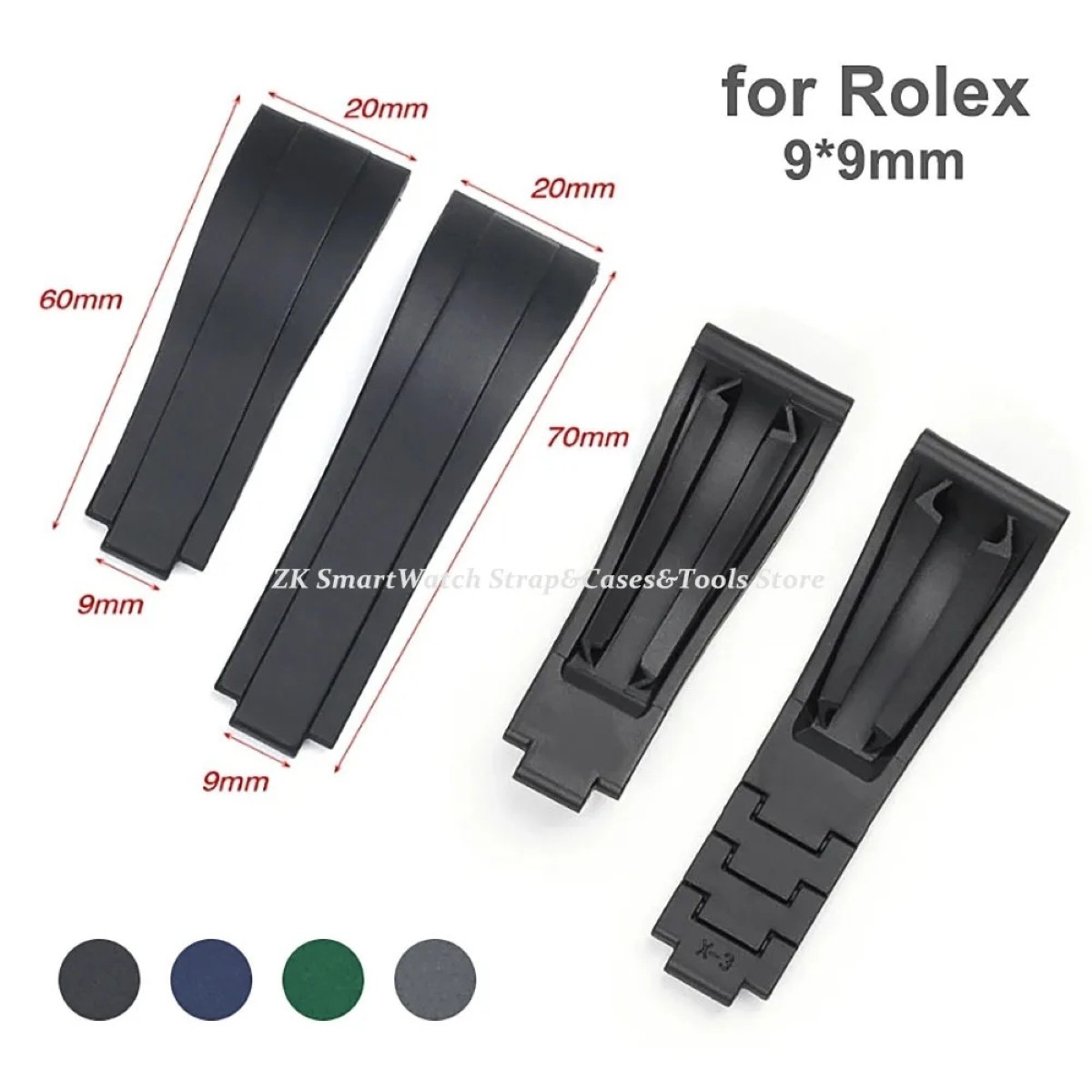 Silicone Rubber Watch Strap Stainless Steel Folding Buckle Black Wristband 20mm