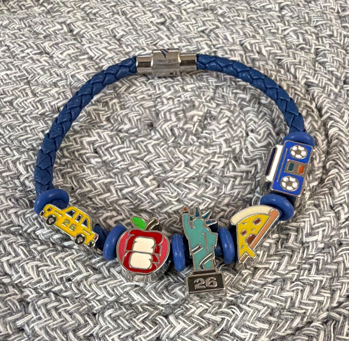 Blue Braided Faux Leather Charm Bracelet Magnetic Closure Apple Pizza Taxi