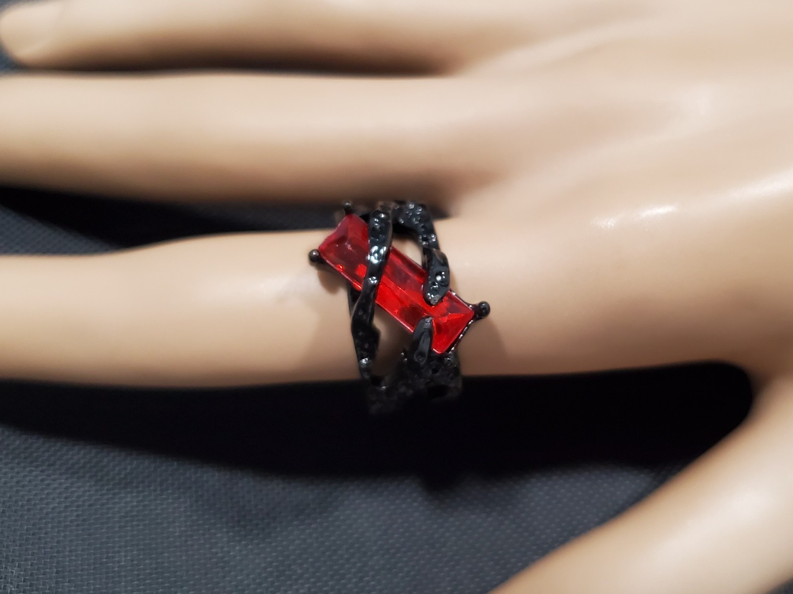 Goth Vampire Sexy style Black Cuff Ring w/ Blood Red Solitaire – Adjustable Sz 7