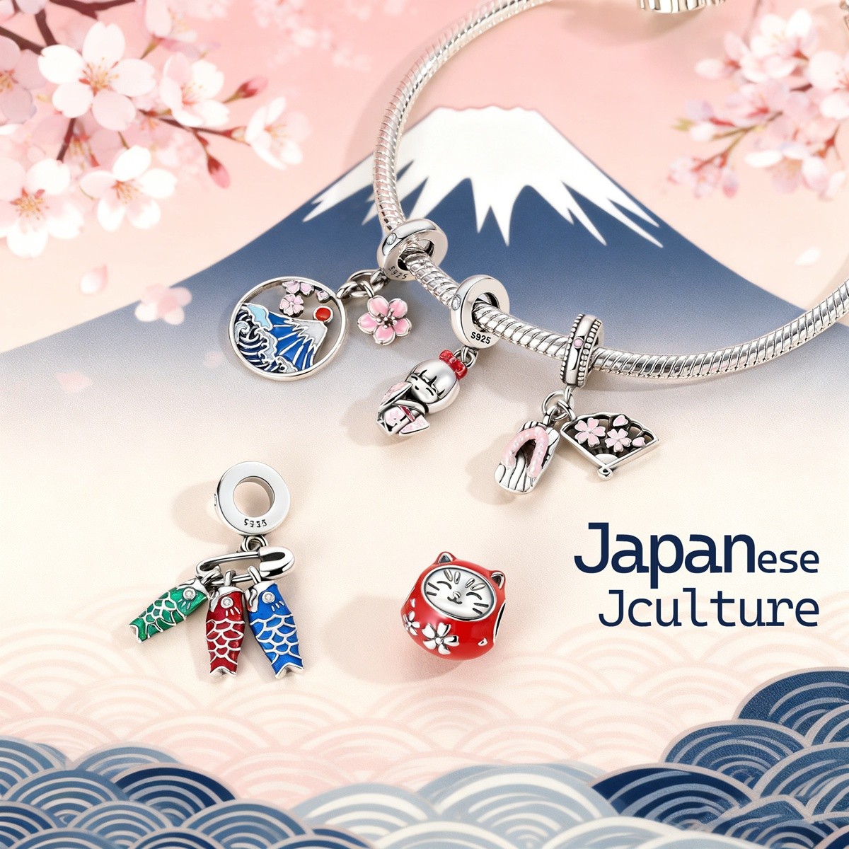 LAZA 925 Sterling Silver DIY Charm Japanese-style Cat Tumbler fit Women Bracelet
