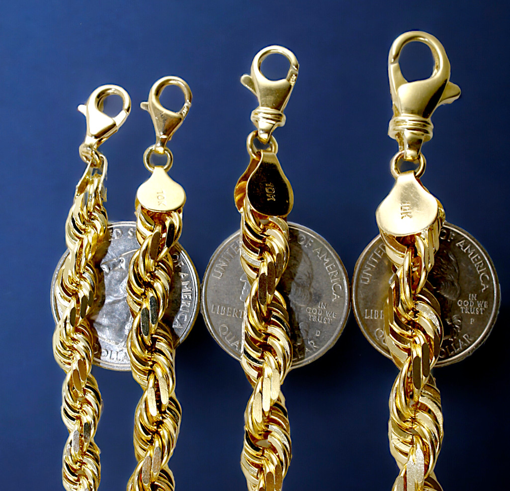 10K Yellow Gold 1mm-23mm Solid Rope Chain Necklace Diamond Cut All Sizes