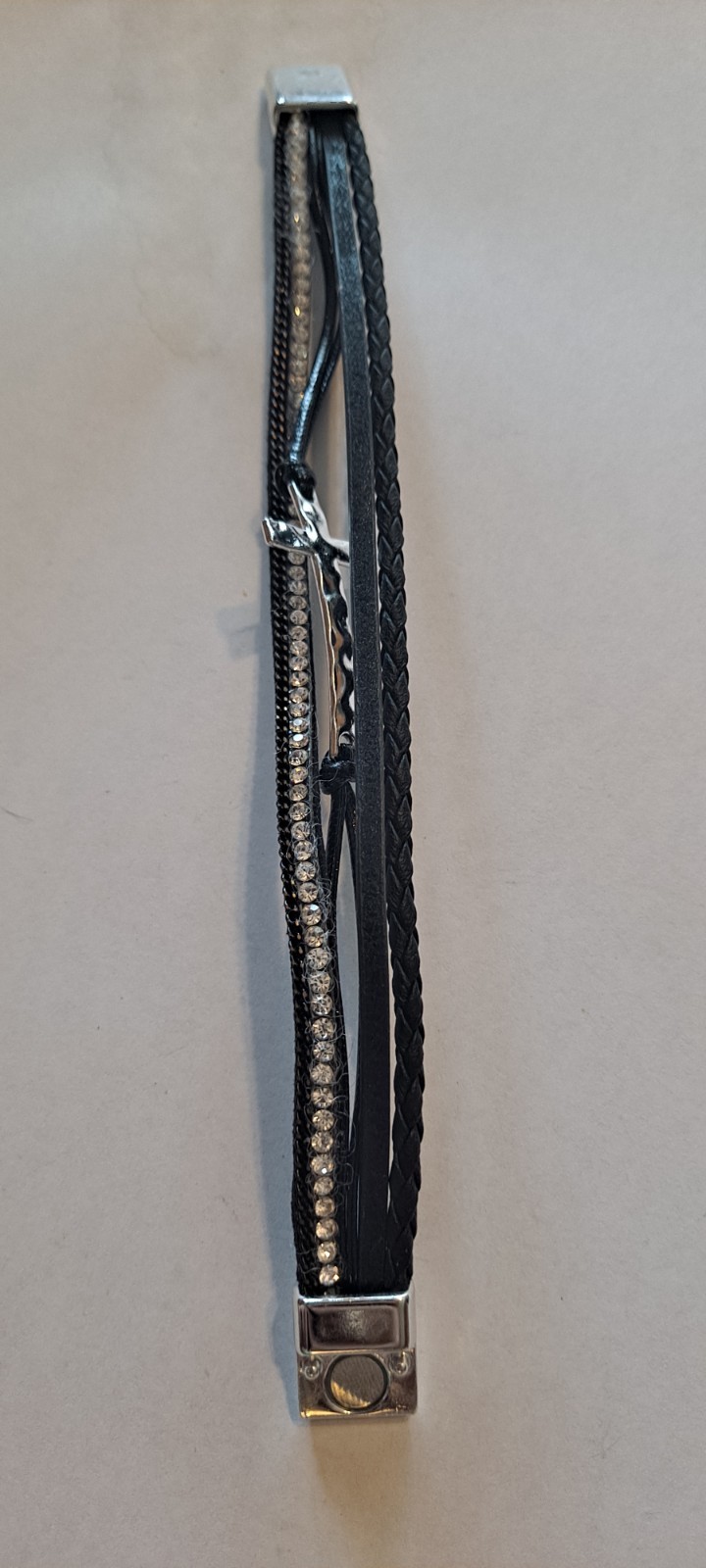 Black Faux Leather Magnetic Clasp Bracelet With Cross & Rhinestones